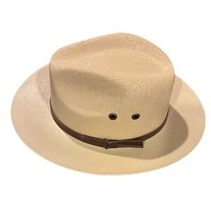 Handcrafted Mexican Madalais Pachuco Fedora Style Hard Woven Hat Ivory Tan
Sz L
